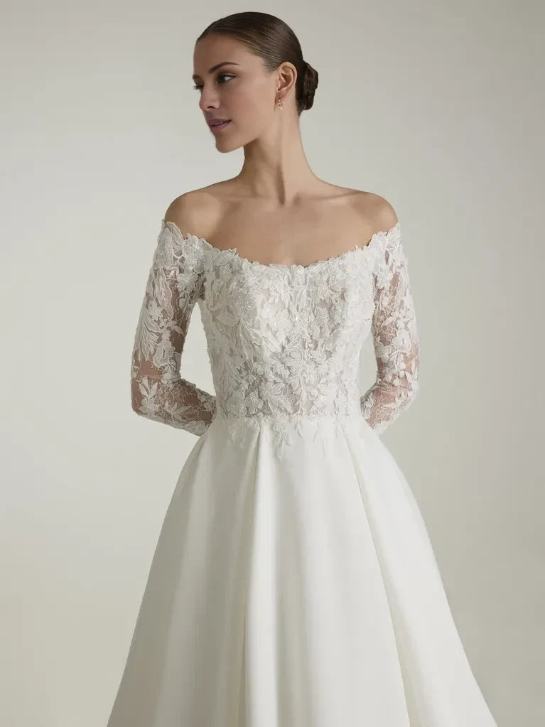 A-Line Off-Shoulder Lace Long Sleeve Open Back Floor-Length Wedding Dress - Chloe Dress