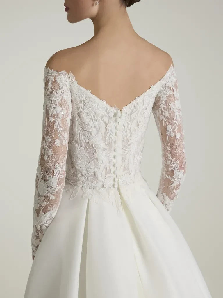 A-Line Off-Shoulder Lace Long Sleeve Open Back Floor-Length Wedding Dress - Chloe Dress