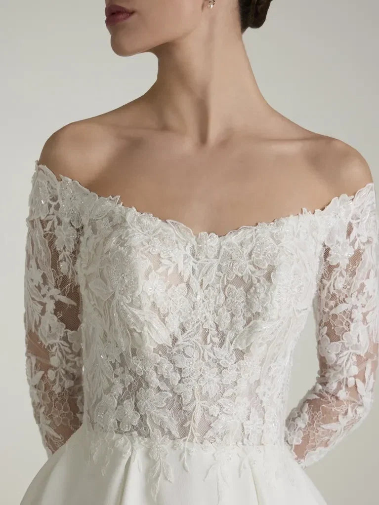 A-Line Off-Shoulder Lace Long Sleeve Open Back Floor-Length Wedding Dress - Chloe Dress