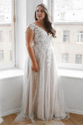 A-Line V-Neck Lace Short Sleeve Embroidered Floor-Length Wedding Dress - Chloe Dress