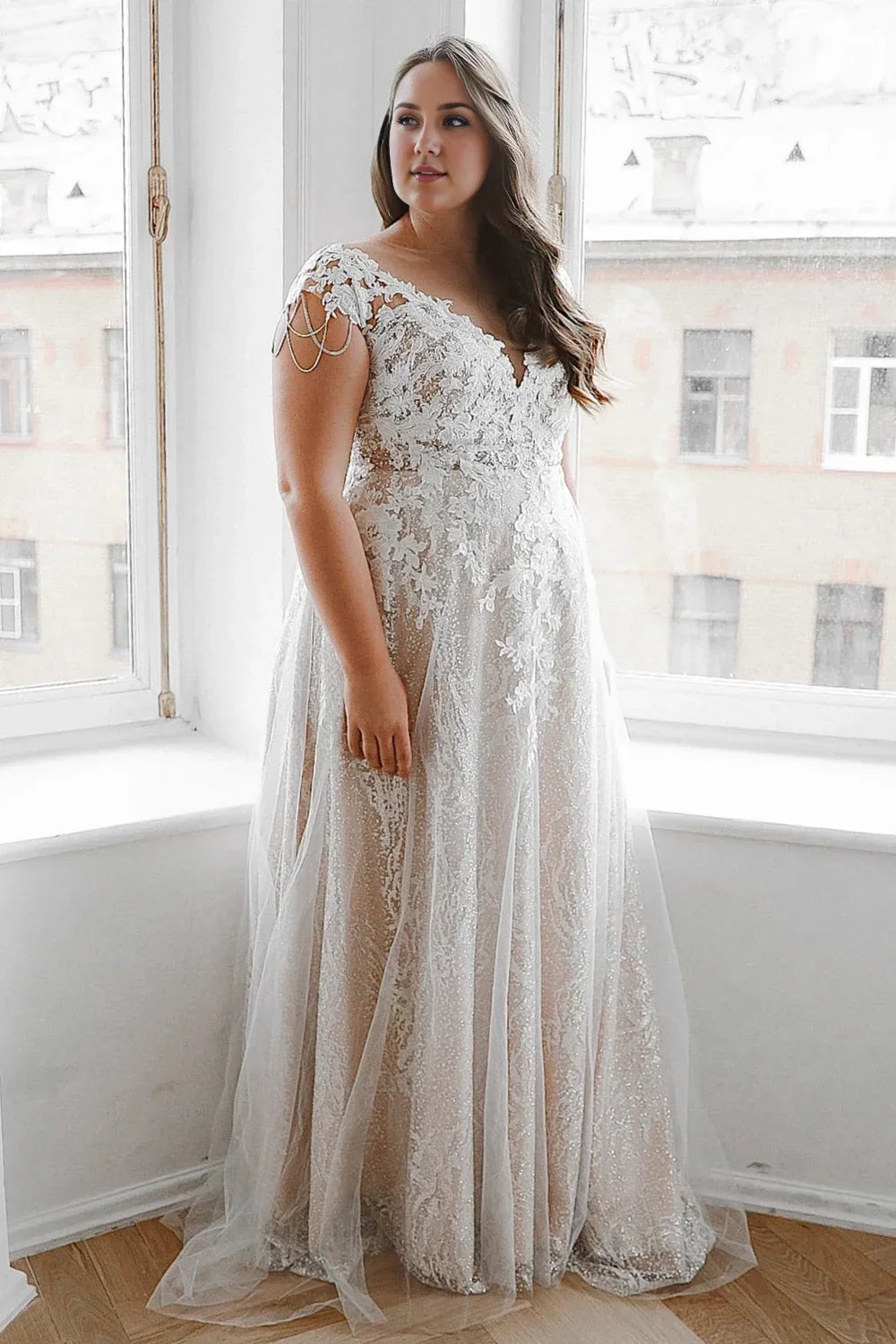 A-Line V-Neck Lace Short Sleeve Embroidered Floor-Length Wedding Dress - Chloe Dress