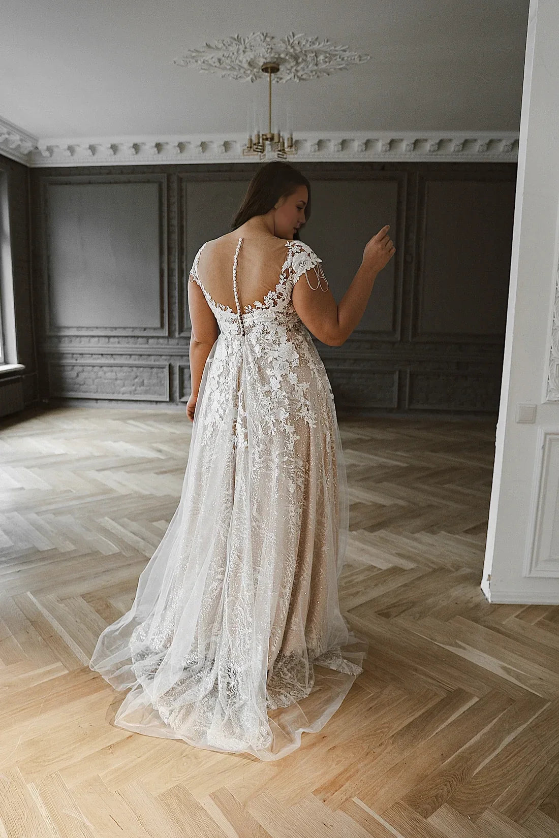 A-Line V-Neck Lace Short Sleeve Embroidered Floor-Length Wedding Dress - Chloe Dress