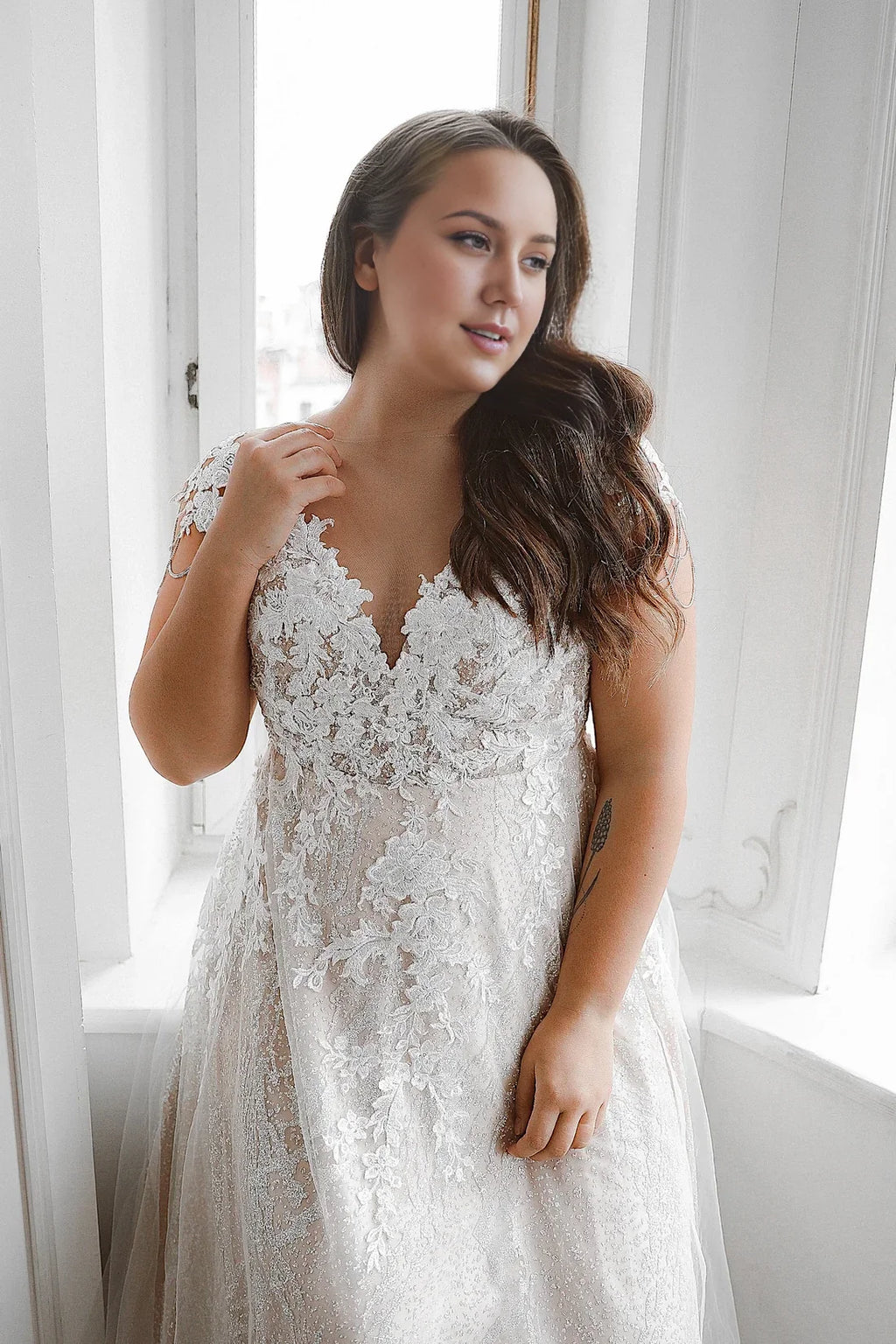 A-Line V-Neck Lace Short Sleeve Embroidered Floor-Length Wedding Dress - Chloe Dress