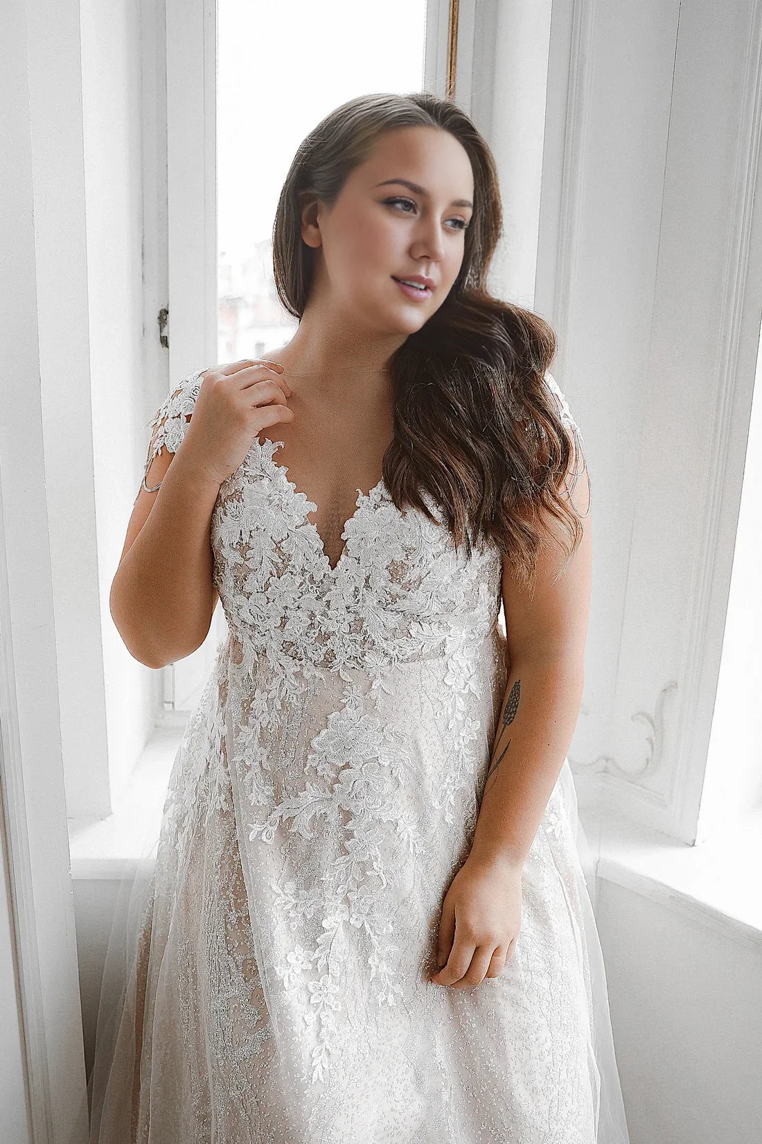 A-Line V-Neck Lace Short Sleeve Embroidered Floor-Length Wedding Dress - Chloe Dress