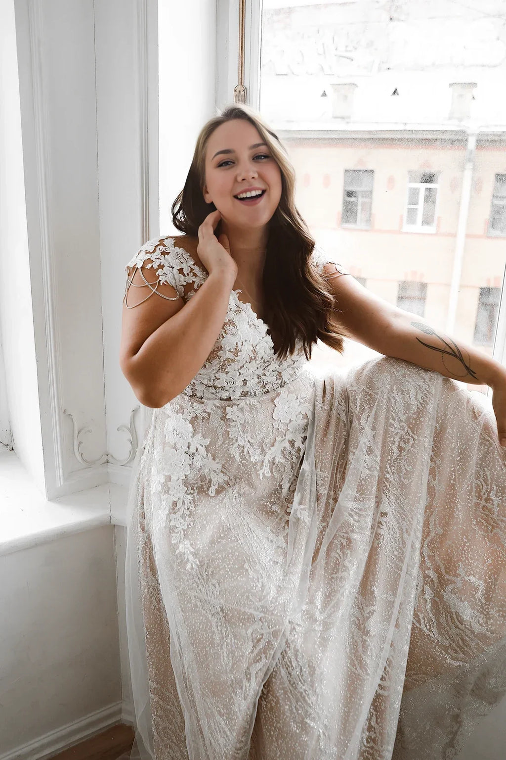 A-Line V-Neck Lace Short Sleeve Embroidered Floor-Length Wedding Dress - Chloe Dress
