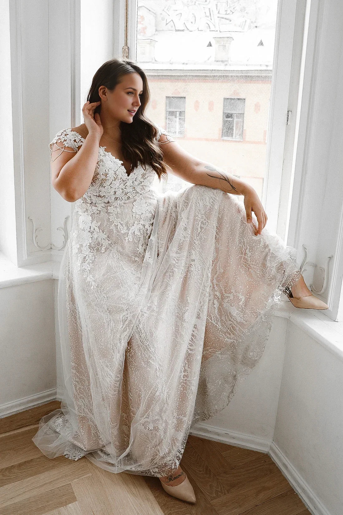A-Line V-Neck Lace Short Sleeve Embroidered Floor-Length Wedding Dress - Chloe Dress