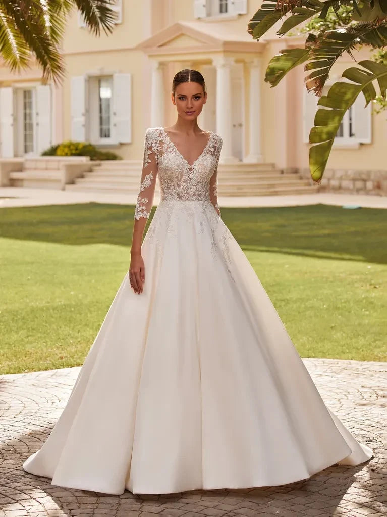 Ball Gown V-Neck Lace Three-Quarter Sleeve Open Back Floor-Length Wedding Gown - Chloe Dress