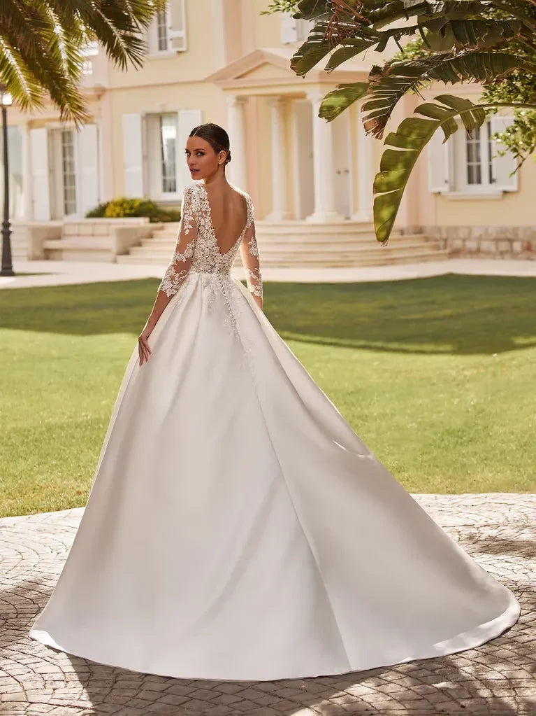 Ball Gown V-Neck Lace Three-Quarter Sleeve Open Back Floor-Length Wedding Gown - Chloe Dress