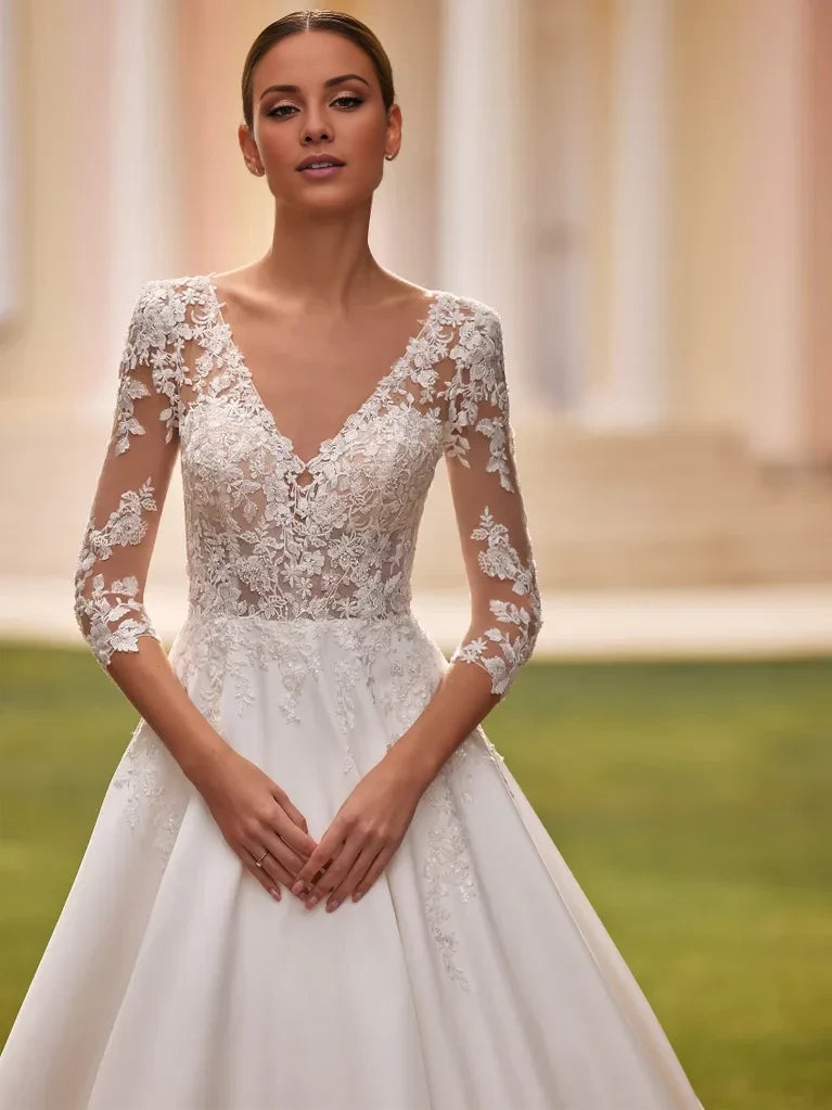 Ball Gown V-Neck Lace Three-Quarter Sleeve Open Back Floor-Length Wedding Gown - Chloe Dress