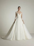 Ball Gown Illusion Lace Three-Quarter Sleeve Open Back Floor-Length Wedding Gown - Chloe Dress