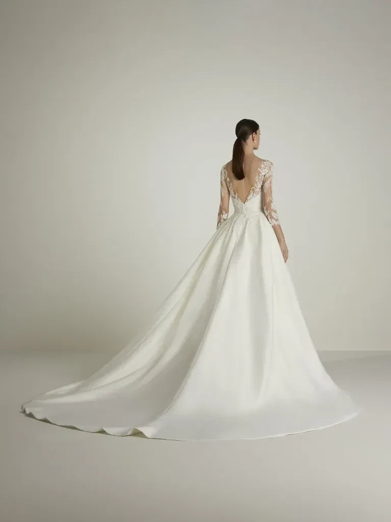 Ball Gown Illusion Lace Three-Quarter Sleeve Open Back Floor-Length Wedding Gown - Chloe Dress