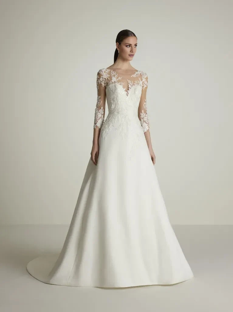 Ball Gown Illusion Lace Three-Quarter Sleeve Open Back Floor-Length Wedding Gown - Chloe Dress