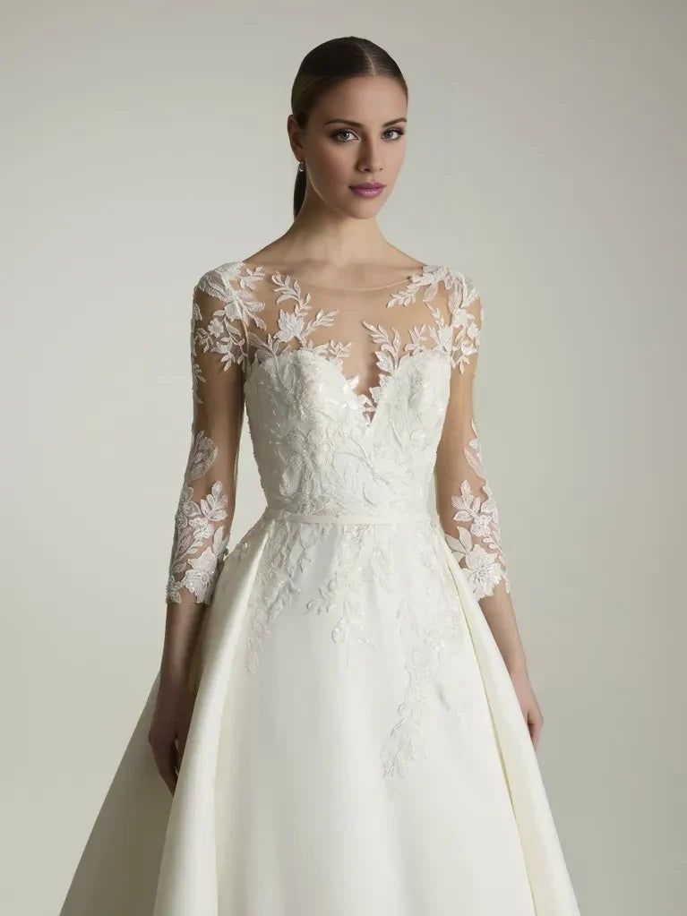 Ball Gown Illusion Lace Three-Quarter Sleeve Open Back Floor-Length Wedding Gown - Chloe Dress