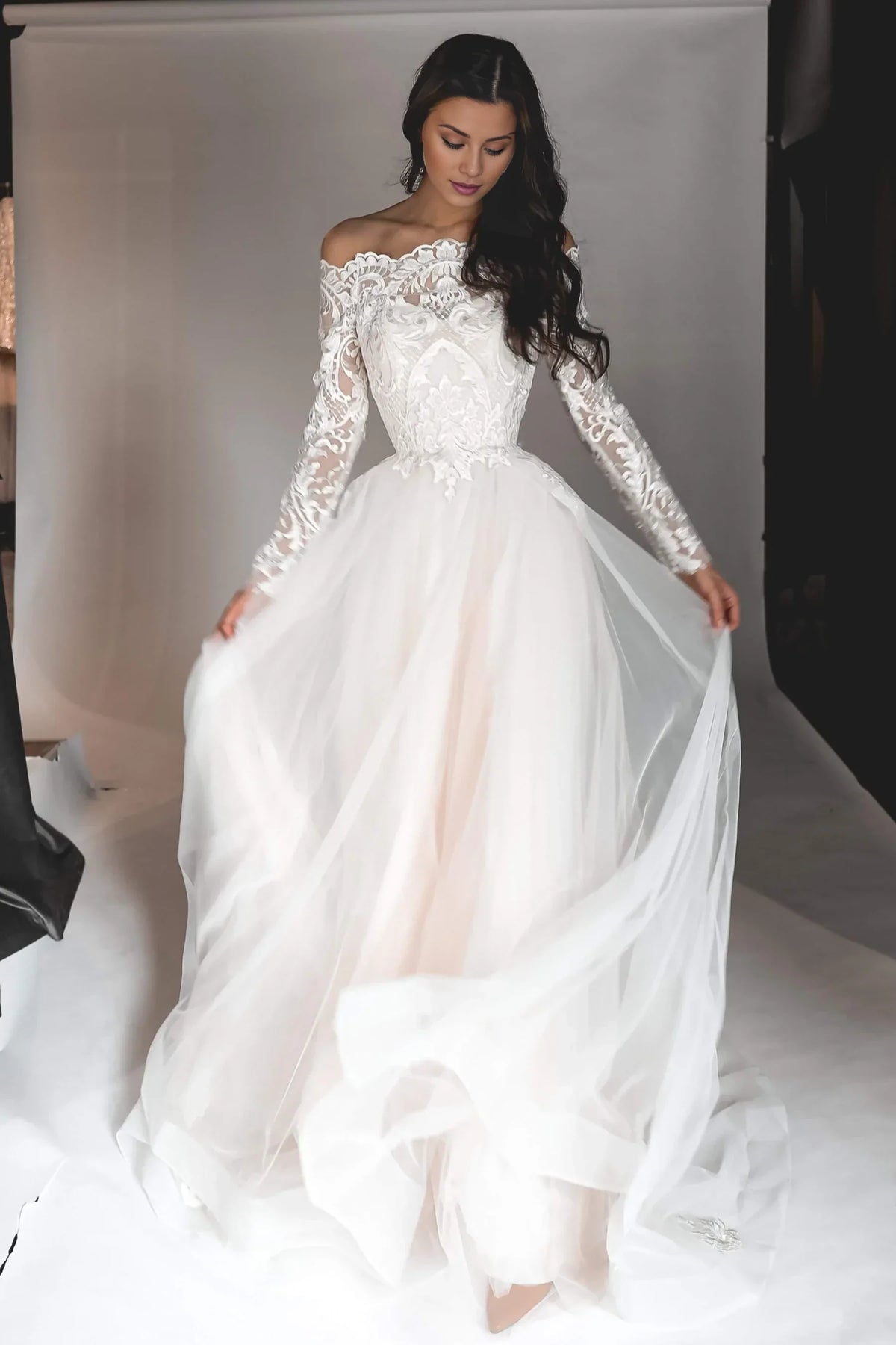 Ball Gown Off-Shoulder Lace Long Sleeve Embroidered Floor-Length Wedding Gown - Chloe Dress