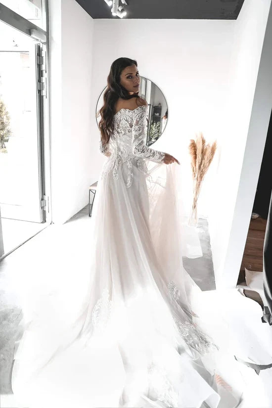 Ball Gown Off-Shoulder Lace Long Sleeve Embroidered Floor-Length Wedding Gown - Chloe Dress