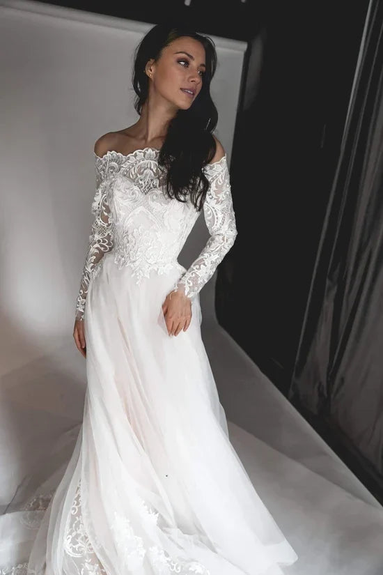 Ball Gown Off-Shoulder Lace Long Sleeve Embroidered Floor-Length Wedding Gown - Chloe Dress