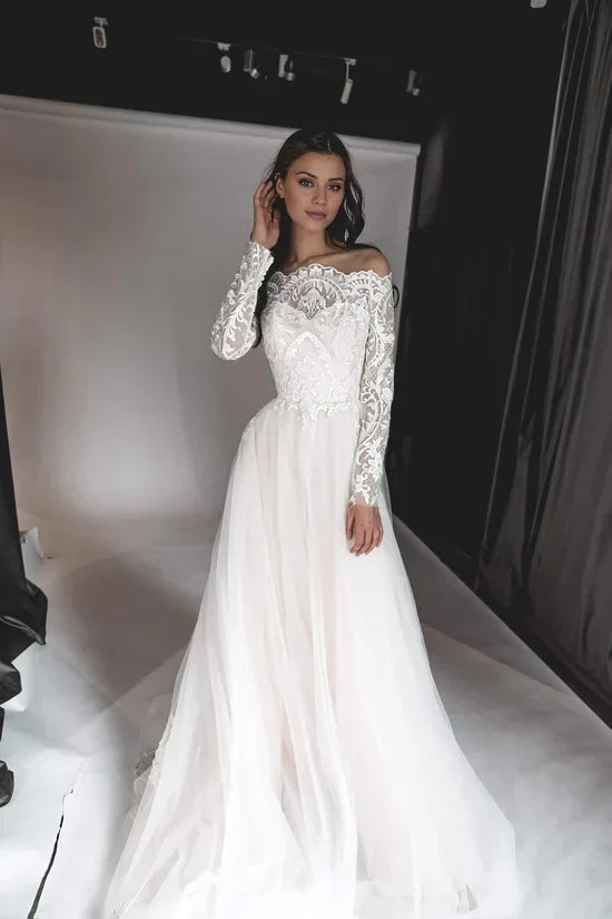 Ball Gown Off-Shoulder Lace Long Sleeve Embroidered Floor-Length Wedding Gown - Chloe Dress