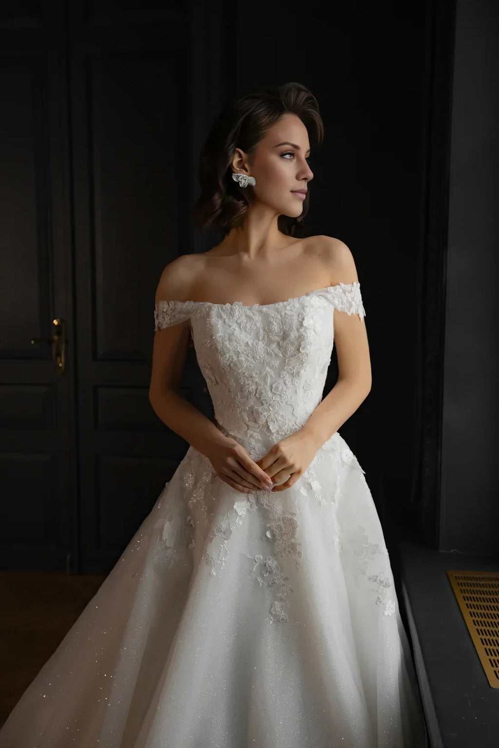 Ball Gown Off-Shoulder Lace Embroidered Floor-Length Wedding Gown - Chloe Dress
