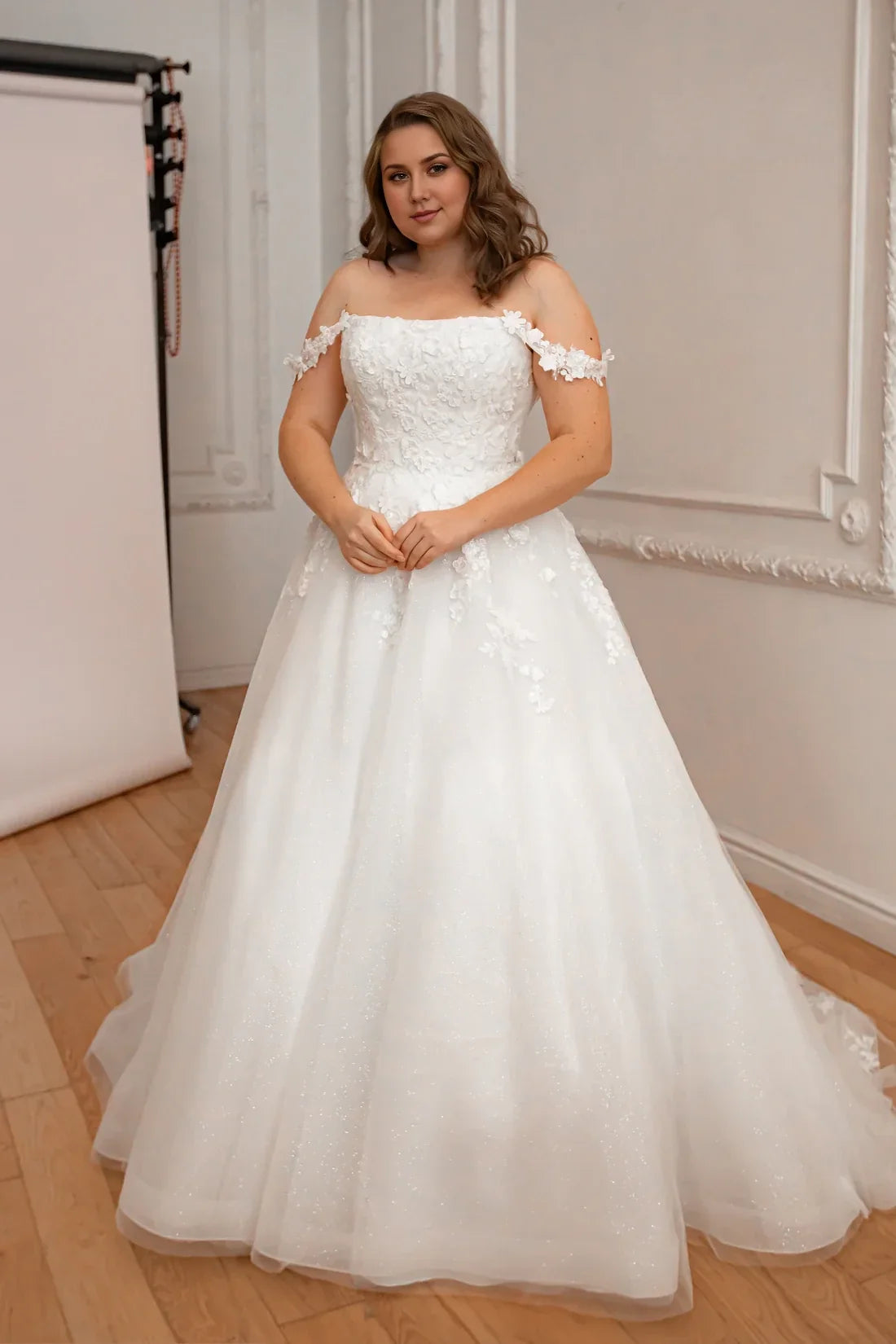 Ball Gown Off-Shoulder Lace Sleeveless Embroidered Floor-Length Wedding Gown - Chloe Dress