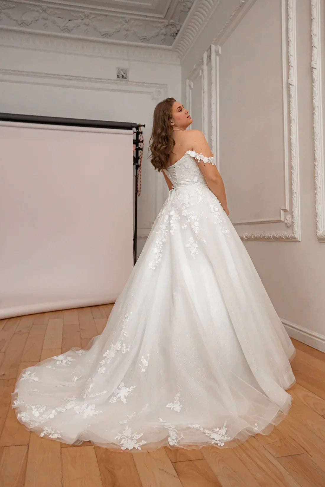Ball Gown Off-Shoulder Lace Sleeveless Embroidered Floor-Length Wedding Gown - Chloe Dress