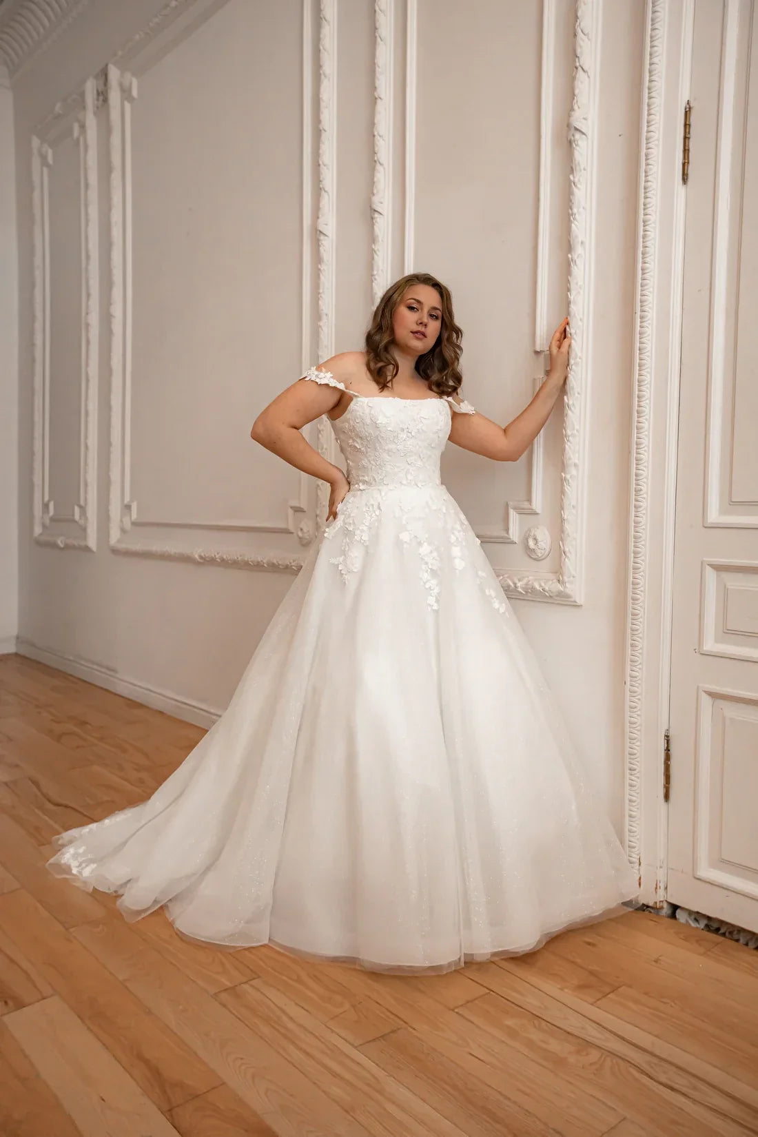 Ball Gown Off-Shoulder Lace Sleeveless Embroidered Floor-Length Wedding Gown - Chloe Dress