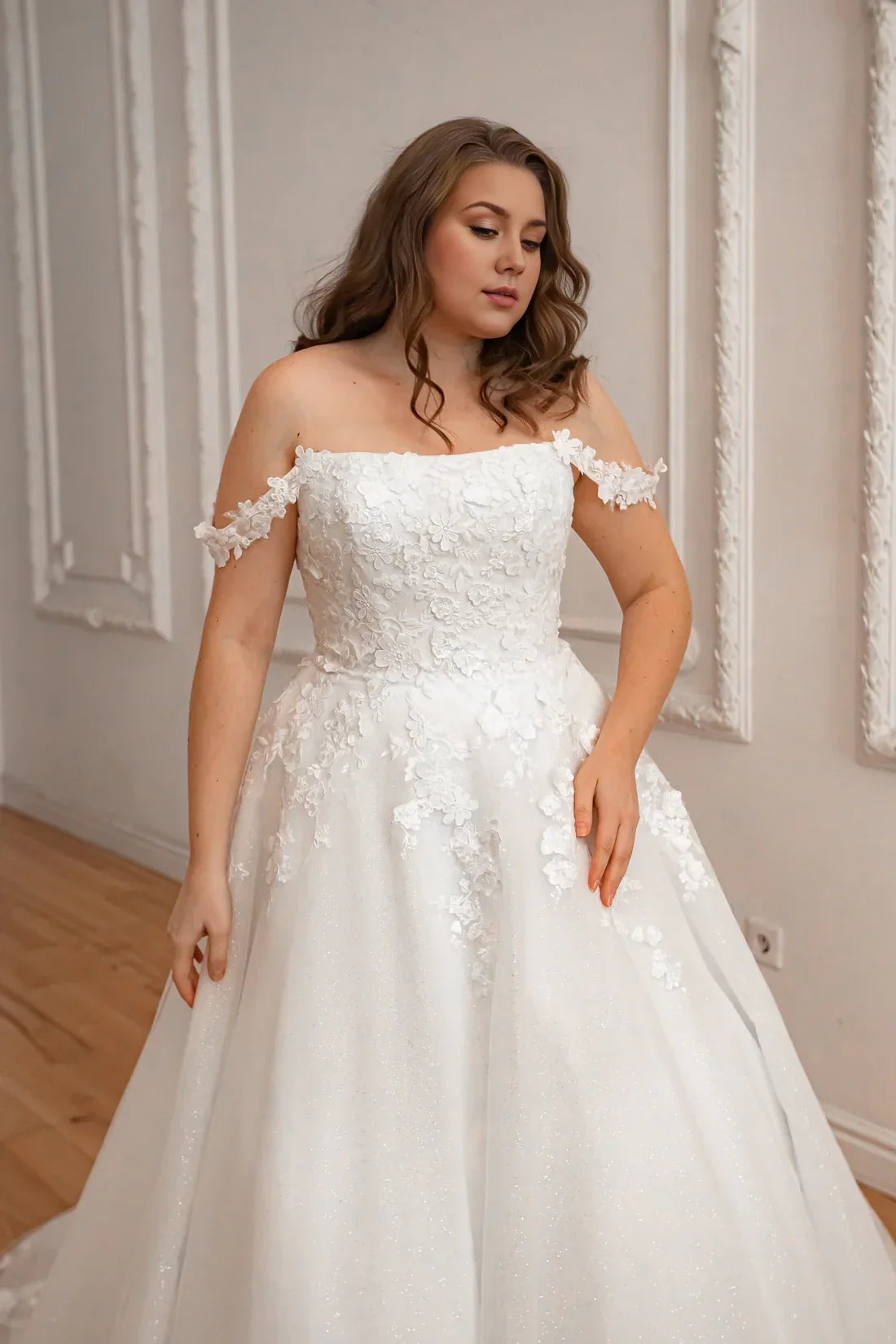 Ball Gown Off-Shoulder Lace Sleeveless Embroidered Floor-Length Wedding Gown - Chloe Dress