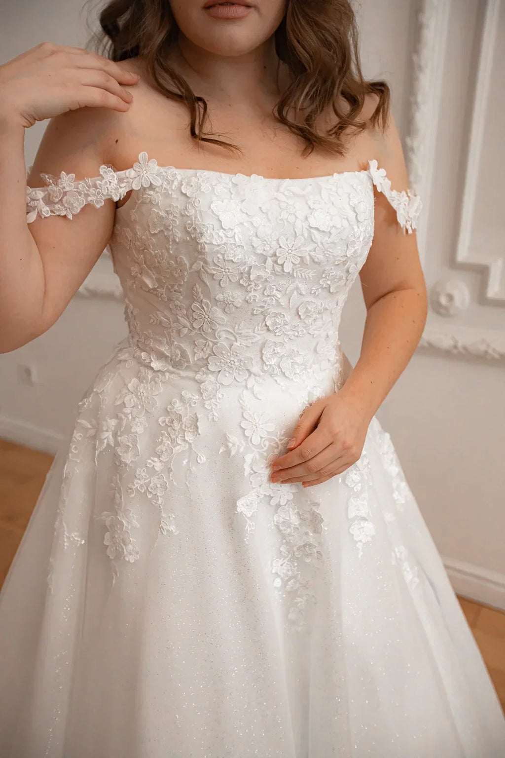 Ball Gown Off-Shoulder Lace Sleeveless Embroidered Floor-Length Wedding Gown - Chloe Dress