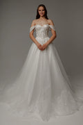 Ball Gown Off-Shoulder Lace Sleeveless Embroidered Floor-Length Wedding Gown - Chloe Dress