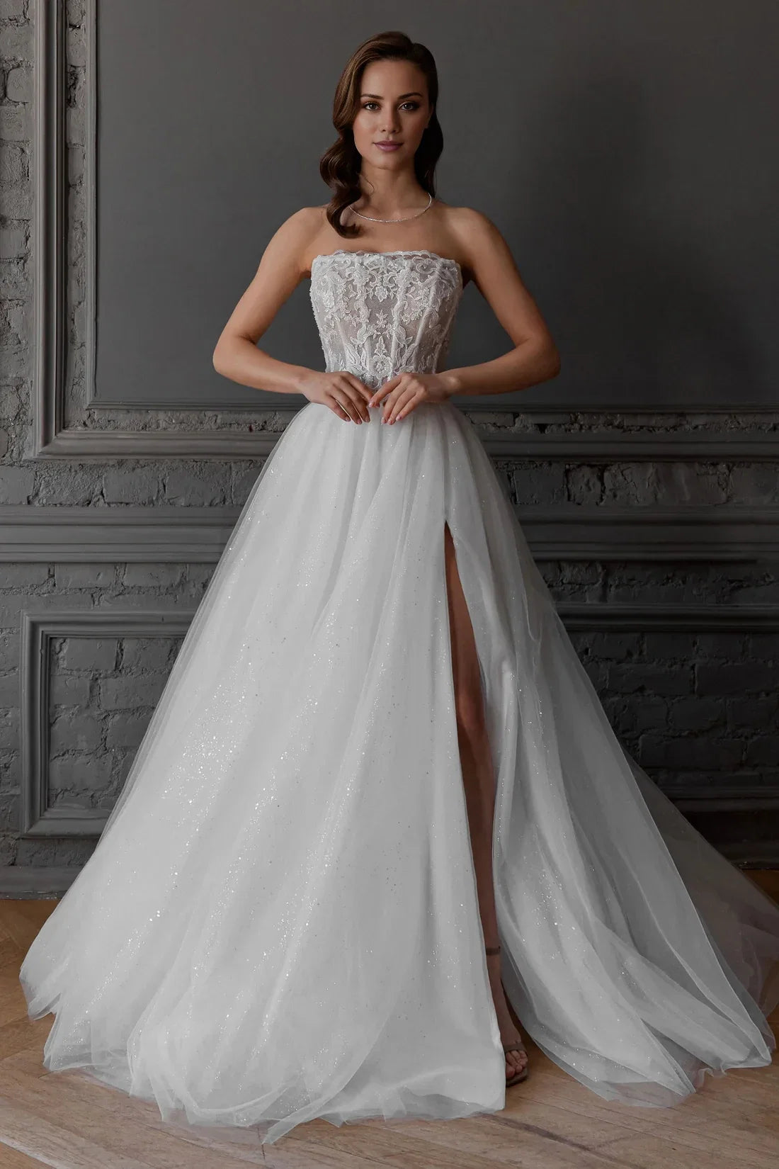 Ball Gown Strapless Lace Embroidered Floor-Length Wedding Gown - Chloe Dress