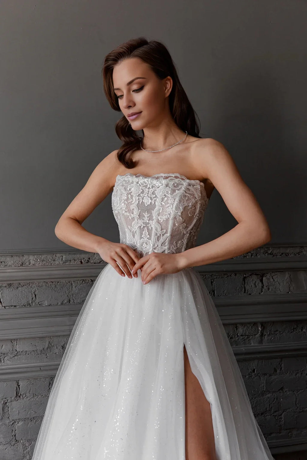 Ball Gown Strapless Lace Embroidered Floor-Length Wedding Gown - Chloe Dress