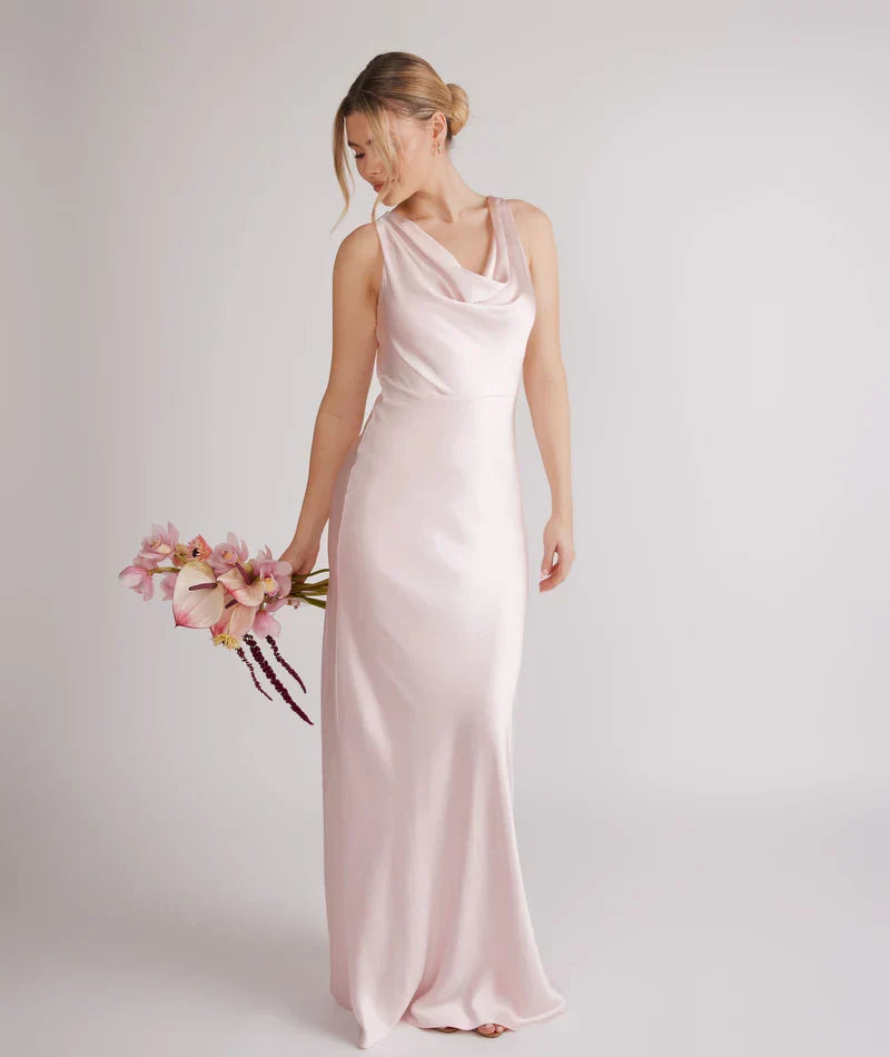 Blush Pink Bodycon Cowl Neck Satin Sleeveless Asymmetric Floor-Length Wedding Dress - Chloe Dress