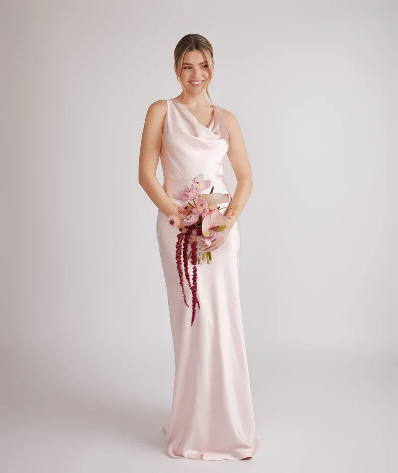 Blush Pink Bodycon Cowl Neck Satin Sleeveless Asymmetric Floor-Length Wedding Dress - Chloe Dress
