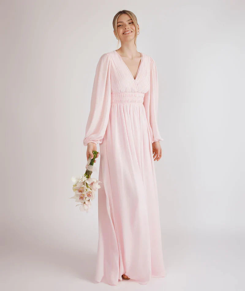Blush Pink A-Line V-Neck Chiffon Bishop Sleeve Pleated Floor-Length Wedding Dress - Chloe Dress