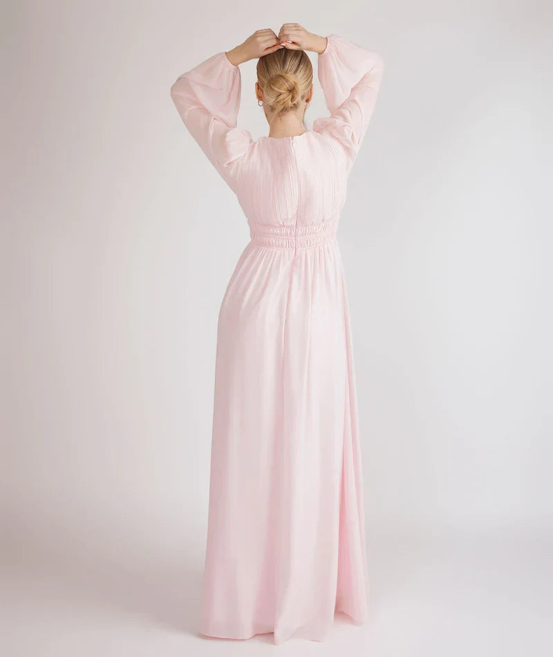 Blush Pink A-Line V-Neck Chiffon Bishop Sleeve Pleated Floor-Length Wedding Dress - Chloe Dress