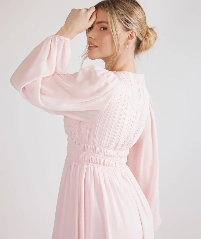 Blush Pink A-Line V-Neck Chiffon Bishop Sleeve Pleated Floor-Length Wedding Dress - Chloe Dress