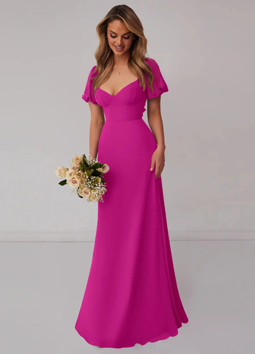 A-Line Sweetheart Chiffon Puff Sleeve Floor-Length Wedding Dress - Chloe Dress