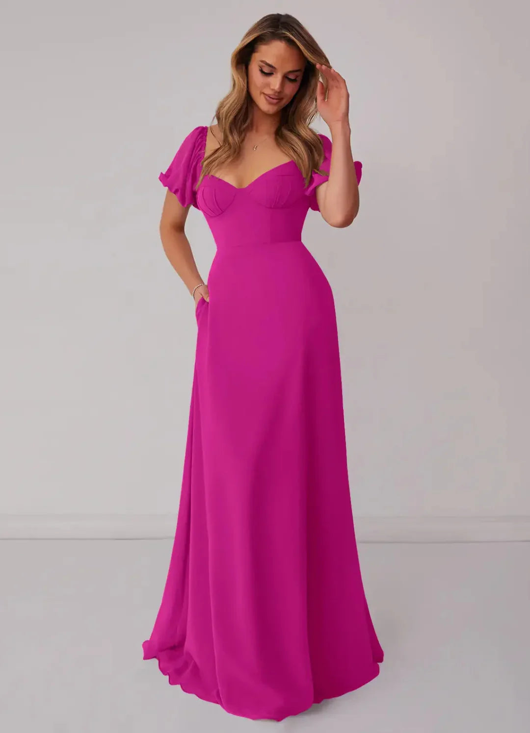 A-Line Sweetheart Chiffon Puff Sleeve Floor-Length Wedding Dress - Chloe Dress