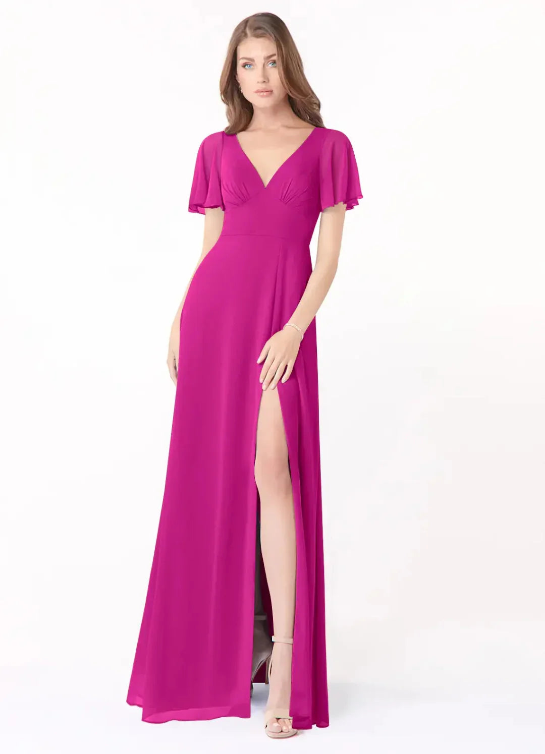 A-Line V-Neck Chiffon High Slit Floor-Length Wedding Dress - Chloe Dress