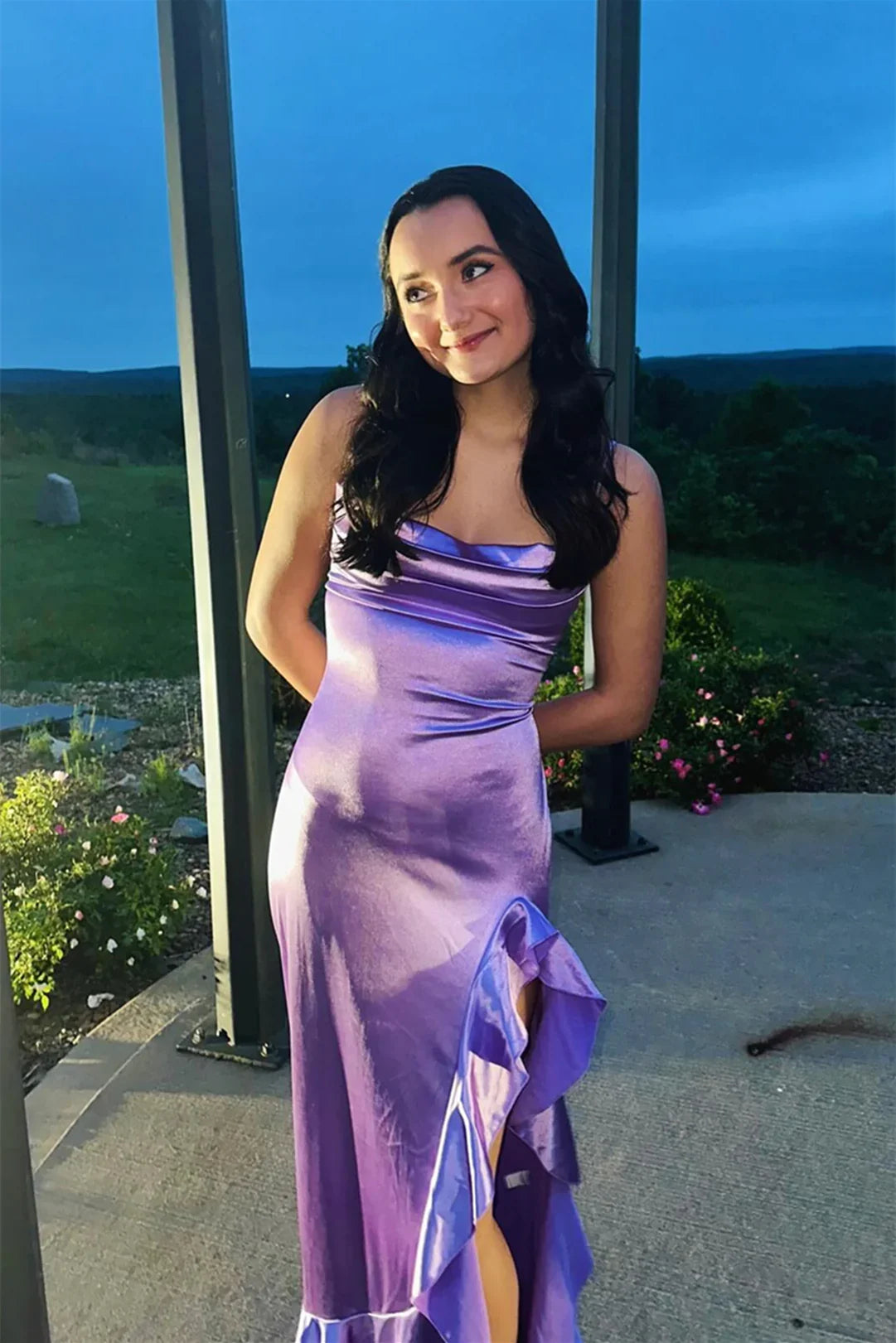 Lilac Mermaid Cowl Neck Satin High Slit Prom Dress - Chloe Dress