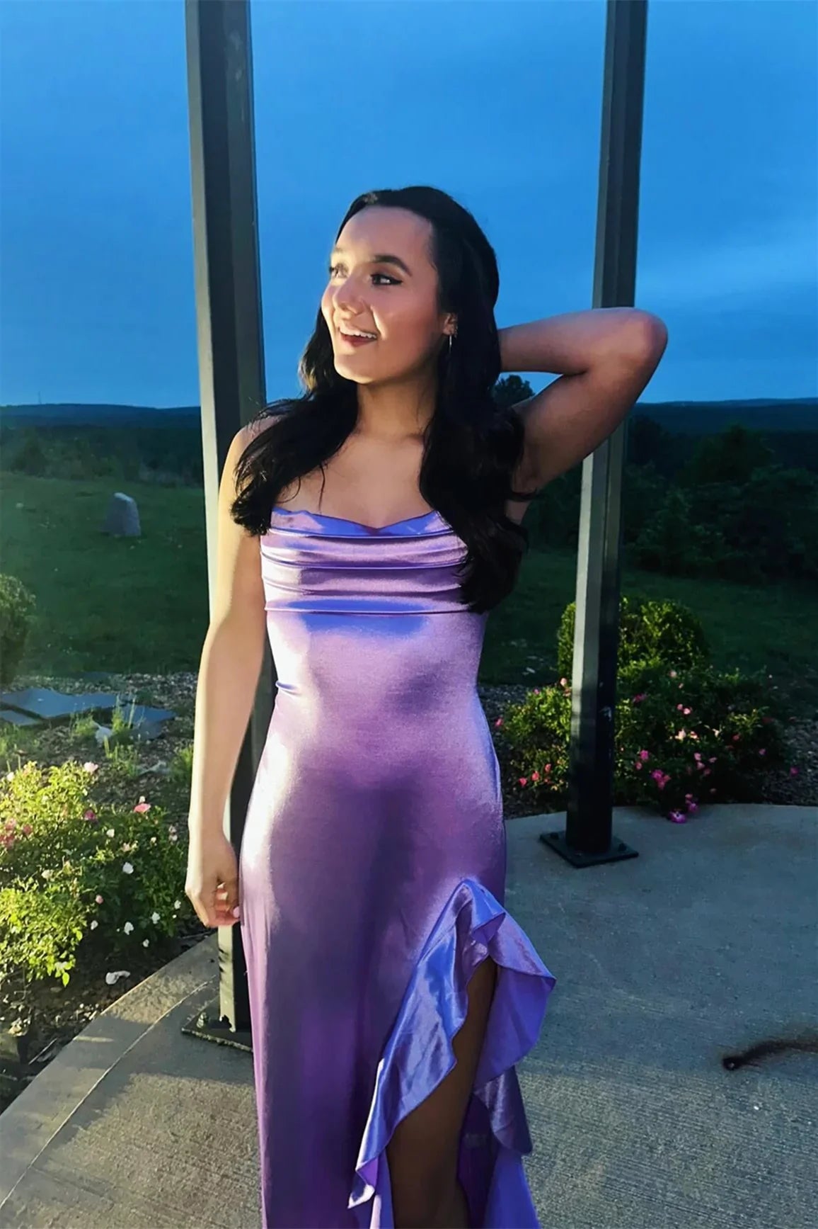 Lilac Mermaid Cowl Neck Satin High Slit Prom Dress - Chloe Dress