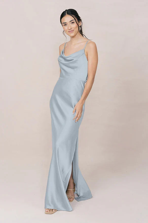 Sky Blue Mermaid Spaghetti Strap Satin High Slit Wedding Dress - Chloe Dress