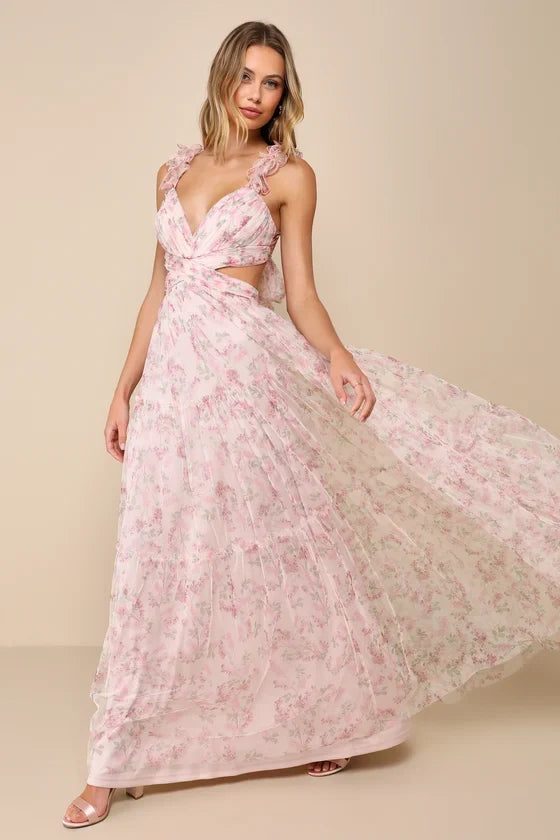 V-Neck Chiffon Sleeveless Ruffled Floor-Length Prom Dress - Chloe Dress