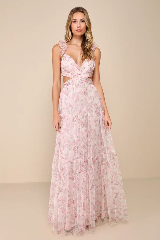 V-Neck Chiffon Sleeveless Ruffled Floor-Length Prom Dress - Chloe Dress