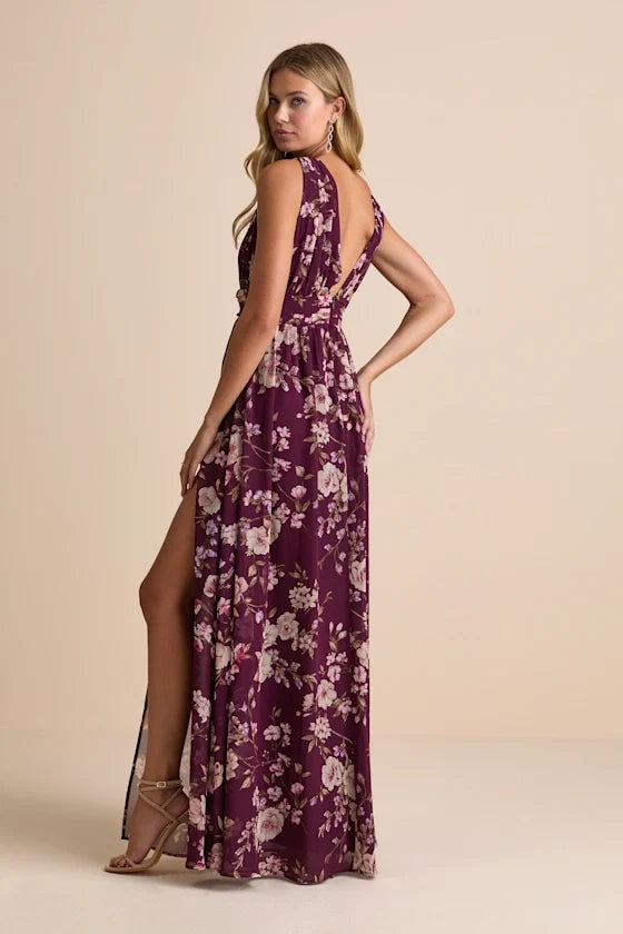 V-Neck Chiffon Sleeveless Open Back High Slit Floor-Length Prom Dress - Chloe Dress
