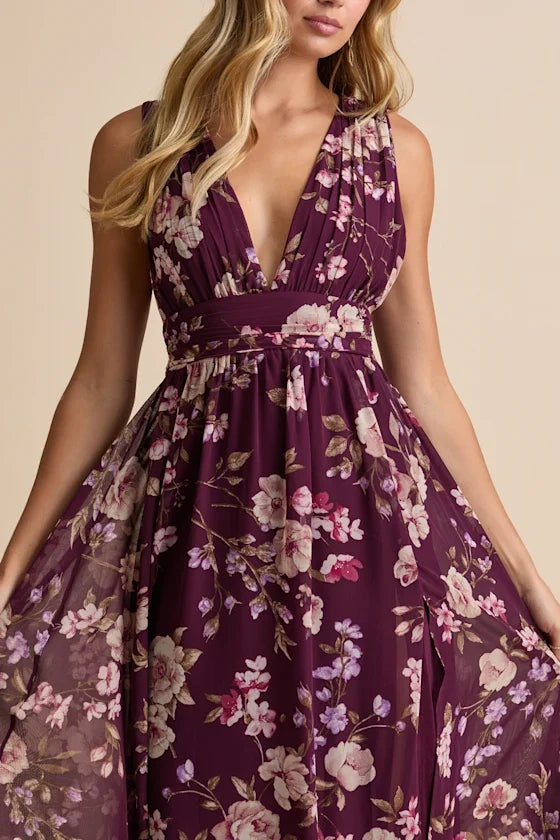 V-Neck Chiffon Sleeveless Open Back High Slit Floor-Length Prom Dress - Chloe Dress