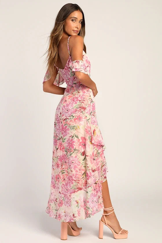 V-Neck Chiffon Cold Shoulder Ruffled Floor-Length Prom Dress - Chloe Dress