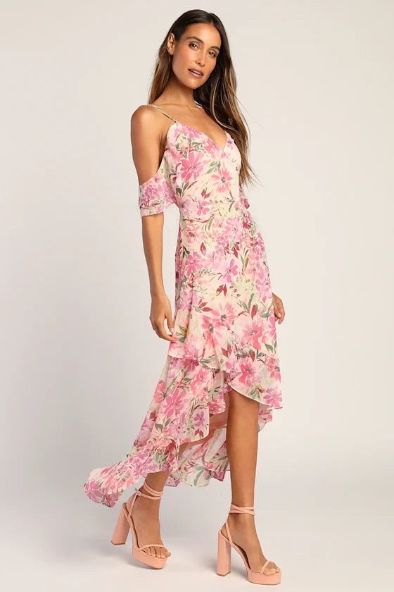 V-Neck Chiffon Cold Shoulder Ruffled Floor-Length Prom Dress - Chloe Dress