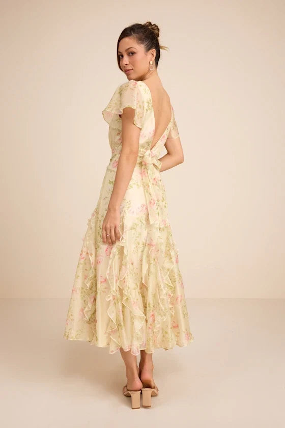 V-Neck Chiffon Open Back Midi Prom Dress - Chloe Dress