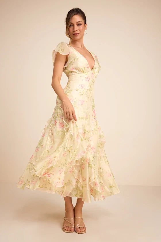 V-Neck Chiffon Open Back Midi Prom Dress - Chloe Dress