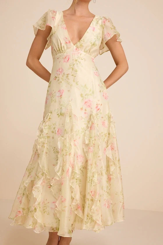 V-Neck Chiffon Open Back Midi Prom Dress - Chloe Dress